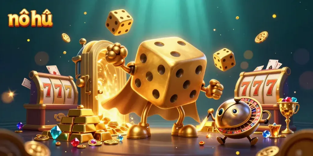 Experience the thrill of nổ hũ with a dynamic scene showcasing a golden dice golem and treasure.