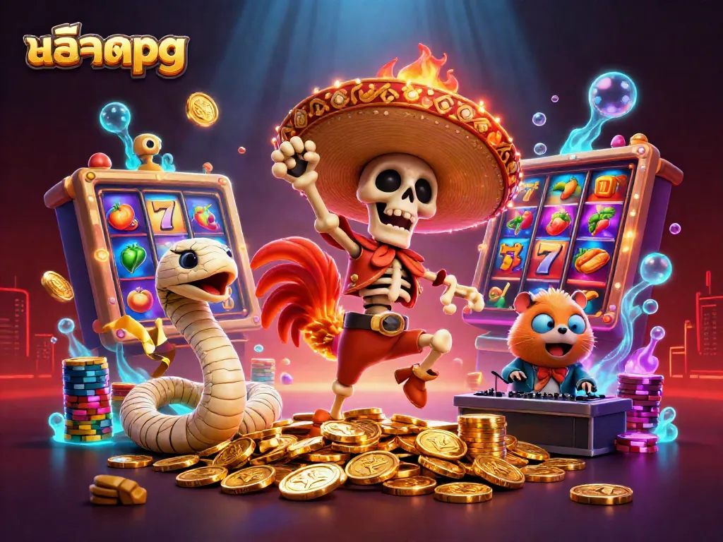 Engaging scene of สล็อตpg showcasing vibrant slot reels and energetic characters celebrating a jackpot.