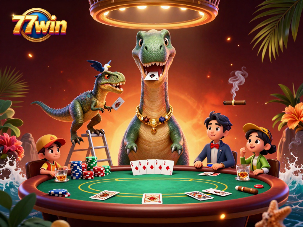 Engage in thrilling gameplay at 77win, showcasing a colossal brontosaurus overseeing an exciting poker scene.