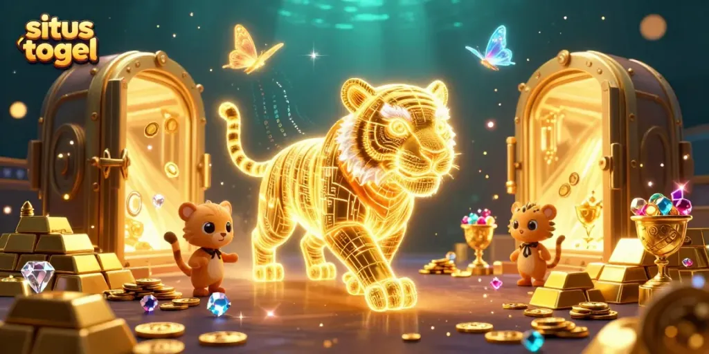 Situs togel reveals a vibrant digital casino scene with a golden tiger and treasure elements