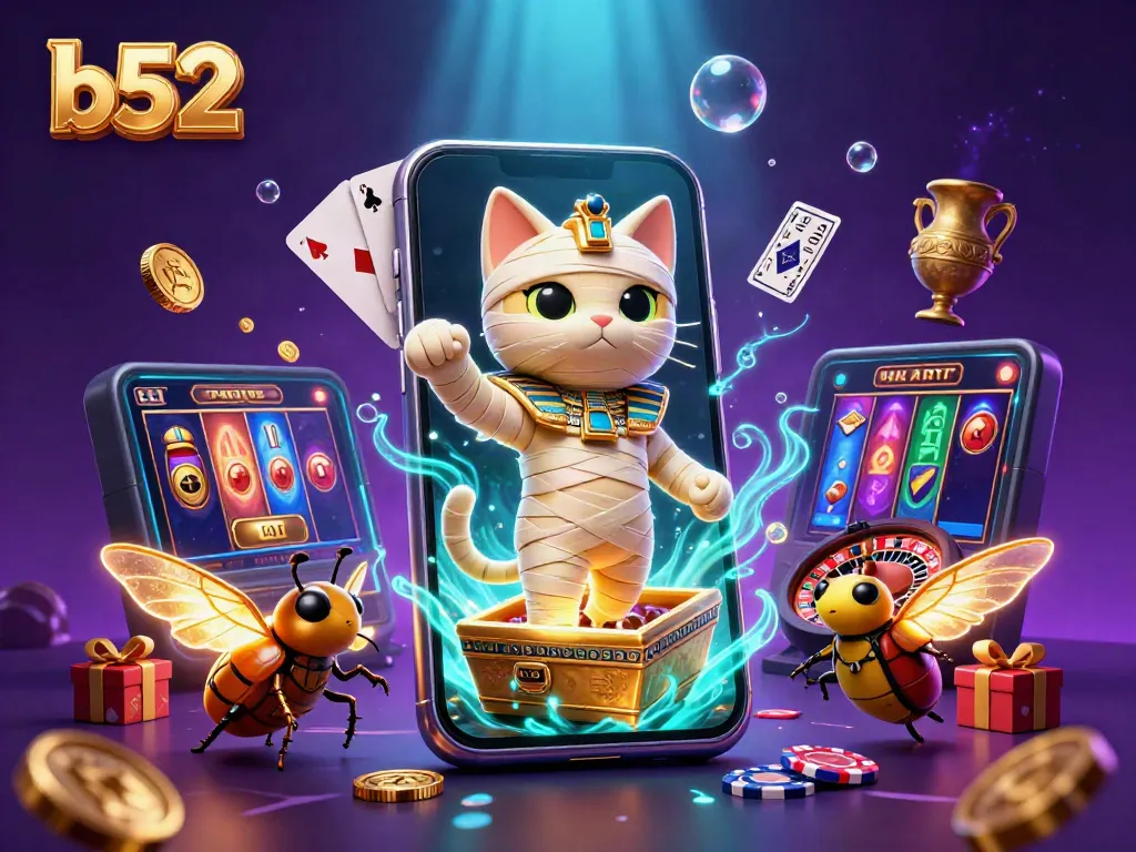 Play vibrant b52-themed casino games featuring a mummy cat and magical elements.