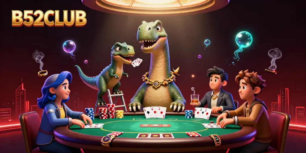 Engage in mega fun at B52CLUB as a dinosaur dealer presides over the poker table.