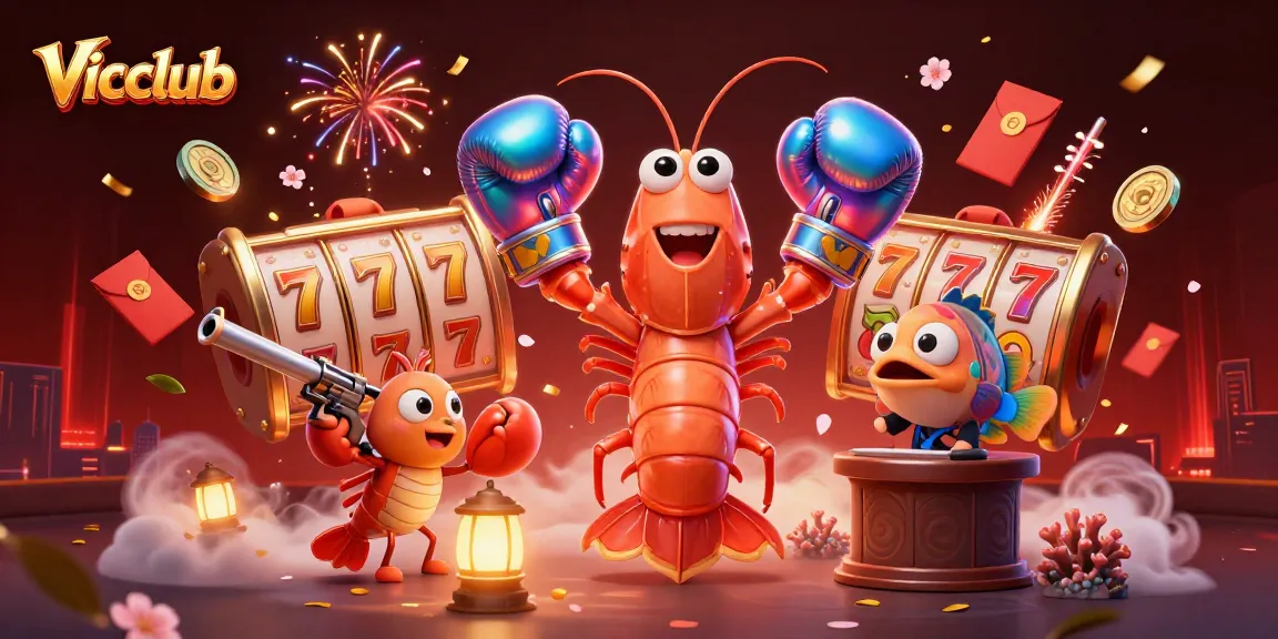 Engage with the thrilling atmosphere of Vicclub as colorful shrimp characters navigate a vibrant slot game scene.
