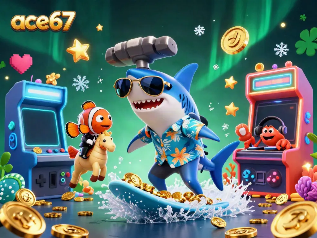 Experience endless fun with ace67 while surfing on coins with colorful characters in a lively casino scene.