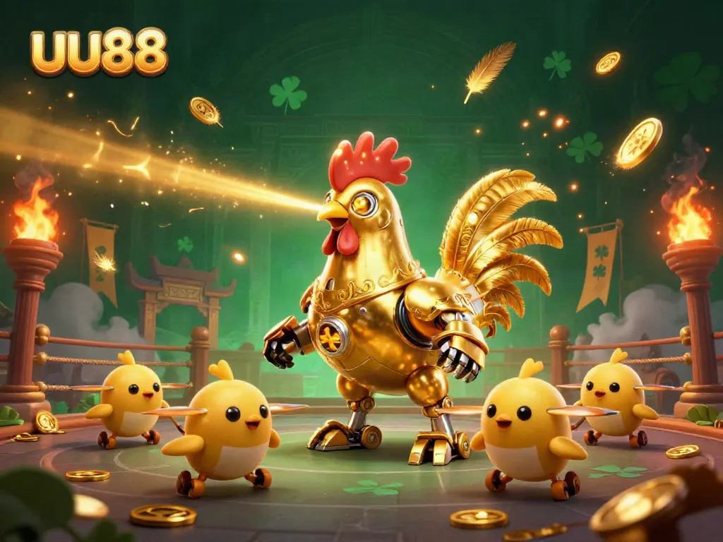 Experience thrilling gambling action at uu88 with a futuristic golden rooster robot leading a dynamic casino adventure.