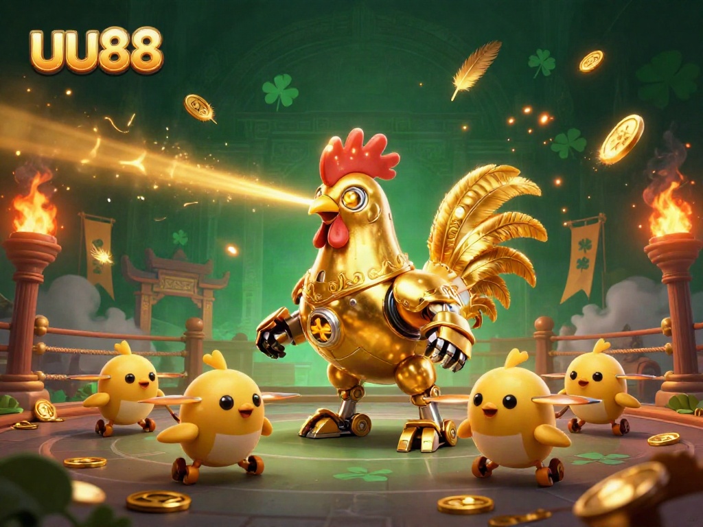 Experience thrilling gambling action at uu88 with a futuristic golden rooster robot leading a dynamic casino adventure.