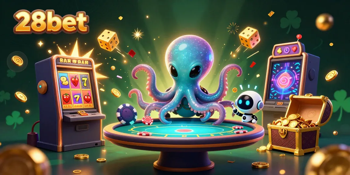Experience the thrills of 28bet with a vibrant casino-themed illustration showcasing alien and robot characters.