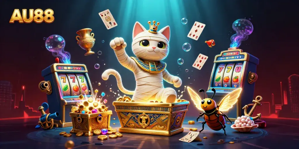 Experience thrilling gameplay and jackpots with AU88 in a vibrant 3D casino scene bursting with excitement.
