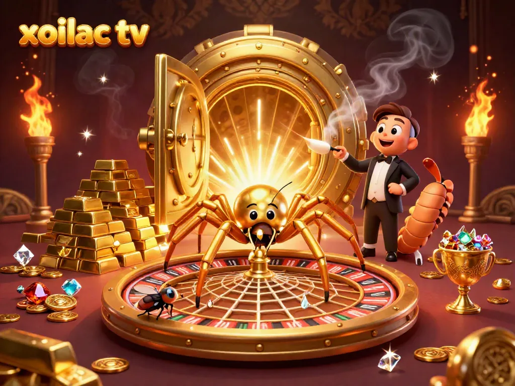 Experience thrilling betting action at xoilac tv with a dynamic scene of a spider and centipede amidst dazzling treasures.