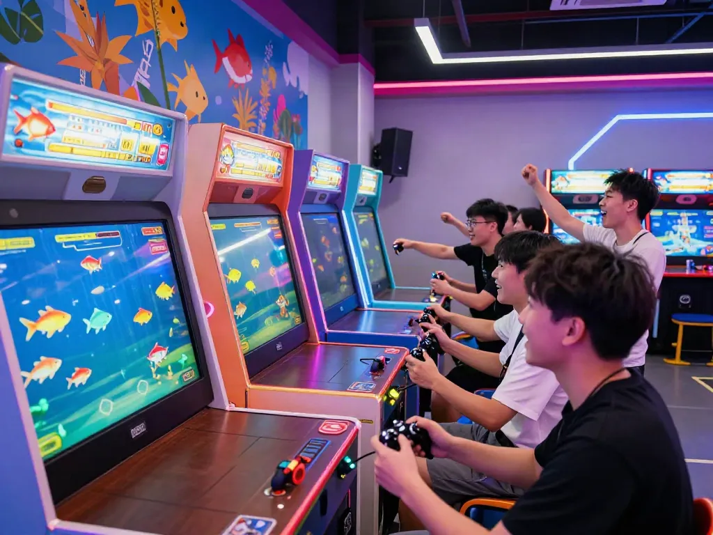 Engaged players enjoying lại là Bắn cá đổi thưởng in a lively arcade setting.