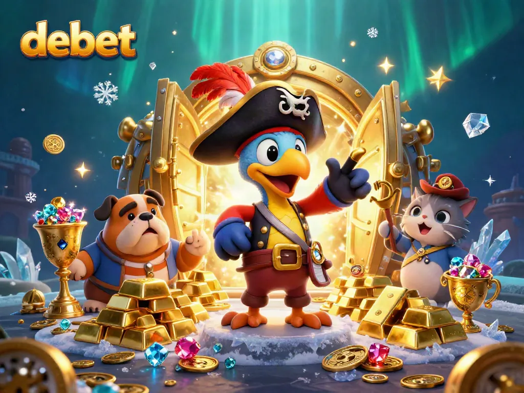 Experience the excitement of debet as a pirate captain, dog first mate, and cat navigator surround a treasure vault filled with riches.