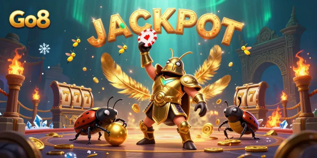 Go8 champions celebrate a big casino win with a glowing jackpot, showcasing gaming excitement.