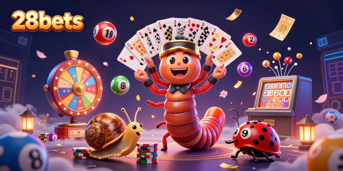 Engage with 28bets through an exciting 3D casino scene featuring interactive elements like cards and lottery balls.