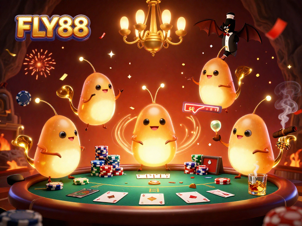 FLY88 illuminates online gambling with a vibrant 3D casino scene showcasing dynamic poker gameplay.