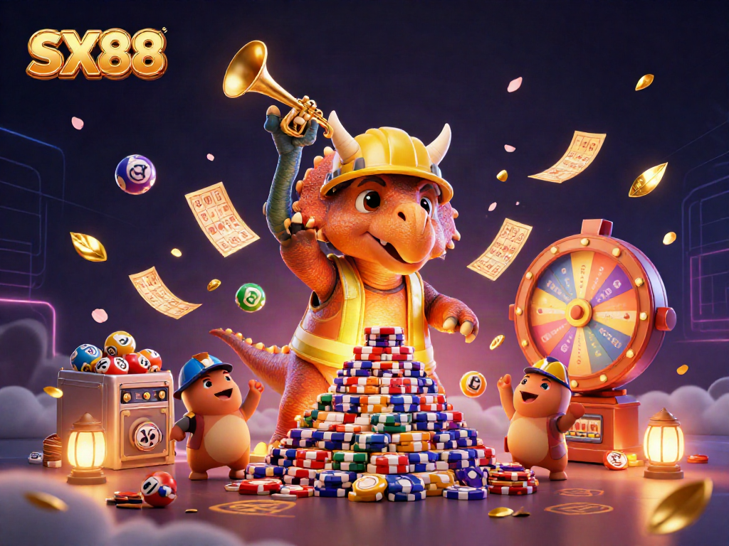 SX88 themed casino art featuring a triceratops and friends celebrating with colorful game elements