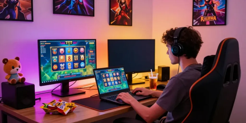 Player enjoying an immersive slot777 gaming experience in a vibrant, modern setup.