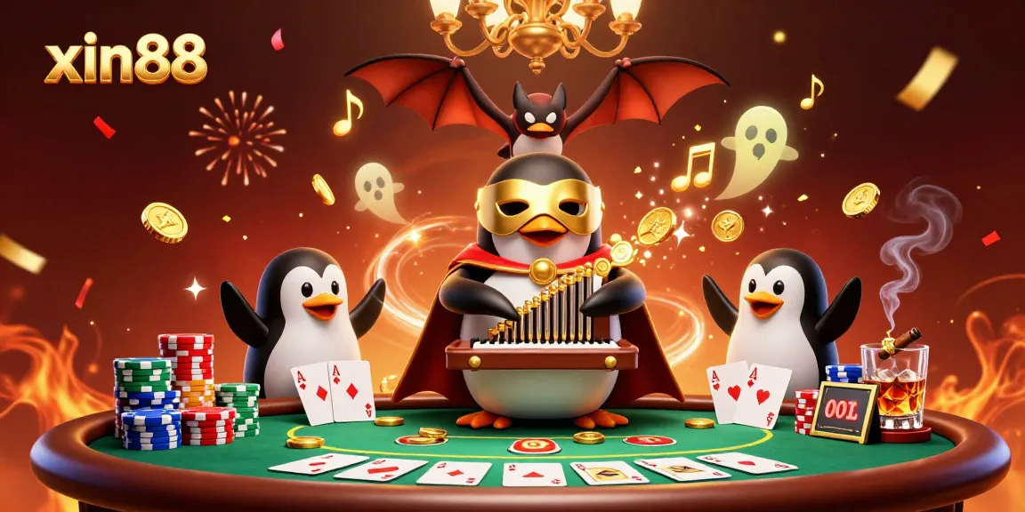 Experience the excitement of xin88 casino with a vibrant, dynamic scene featuring a penguin playing an organ, casino elements, and festive effects.