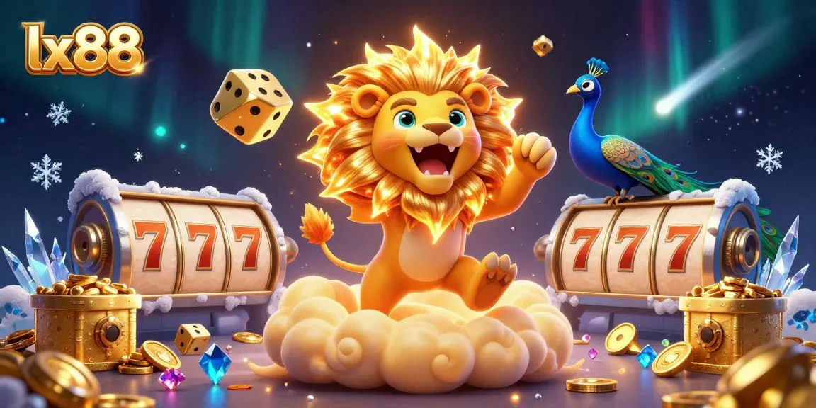 Experience vibrant LX88 slots in action with a roaring sun lion amidst sparkling treasures.