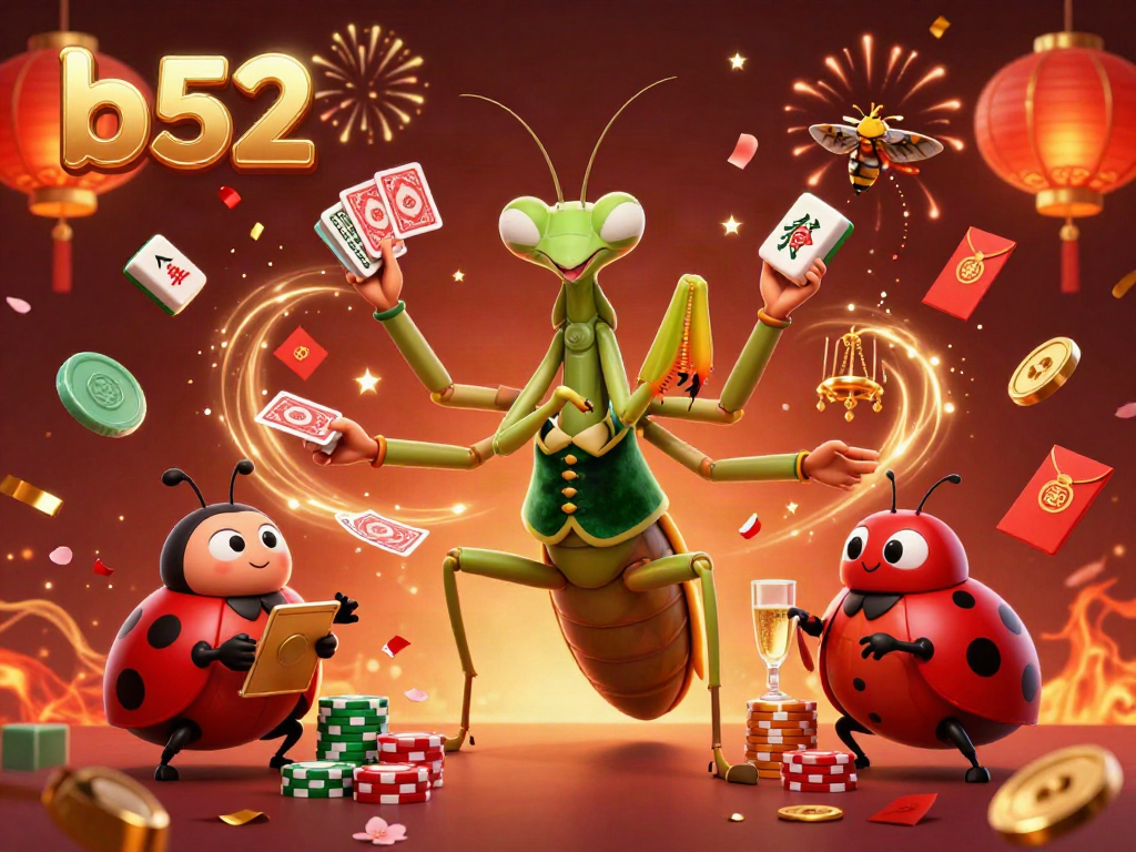 B52 casino scene featuring a giant praying mantis card sharp amid falling confetti and vibrant game elements.