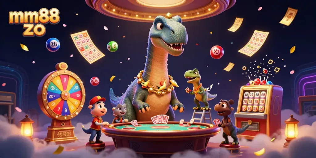 Experience mm88 zo excitement with a vibrant casino scene featuring a brontosaurus and raptor dealer.