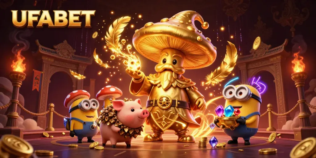 Experience the magic of UFABET with a golden mushroom wizard and treasure-hunting truffle pig in a vibrant casino scene.