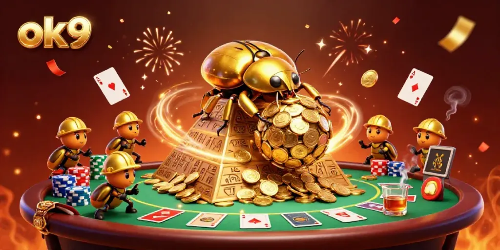 Engage with the energetic casino scene featuring ok9, where beetles pursue fortune amidst coins.