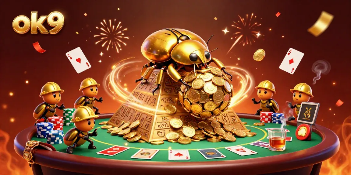 Engage with the energetic casino scene featuring ok9, where beetles pursue fortune amidst coins.