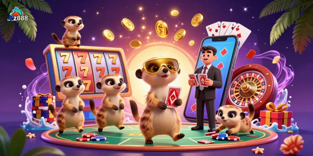 Experience the excitement of Az888 with meerkats enjoying a lively casino scene packed with games and prizes.