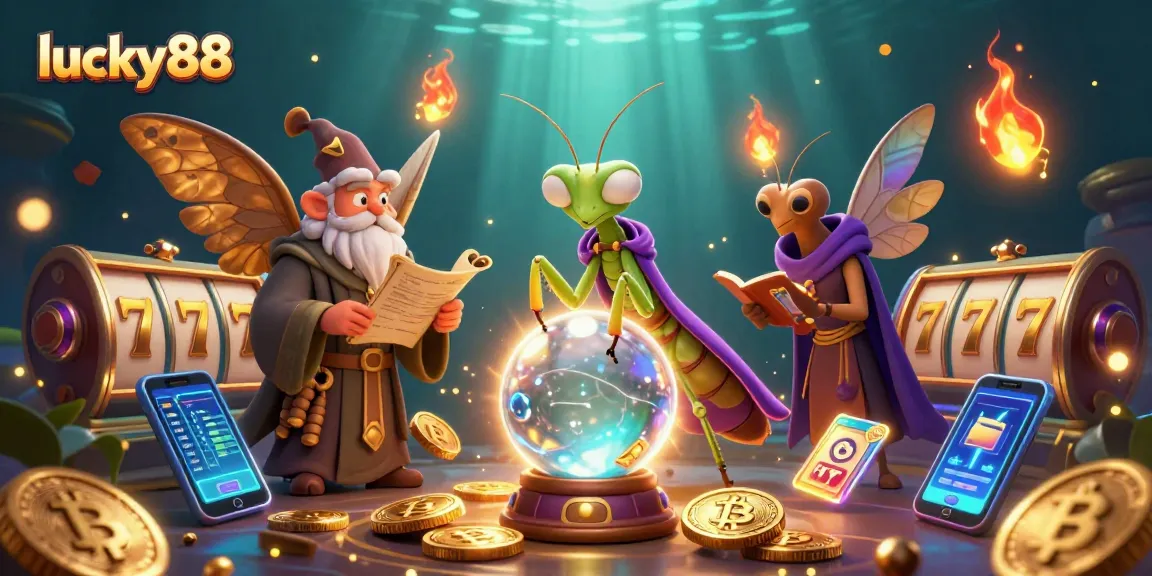 Spin and win with lucky88 as a praying mantis fortune teller guides gamblers through vibrant slot reels.