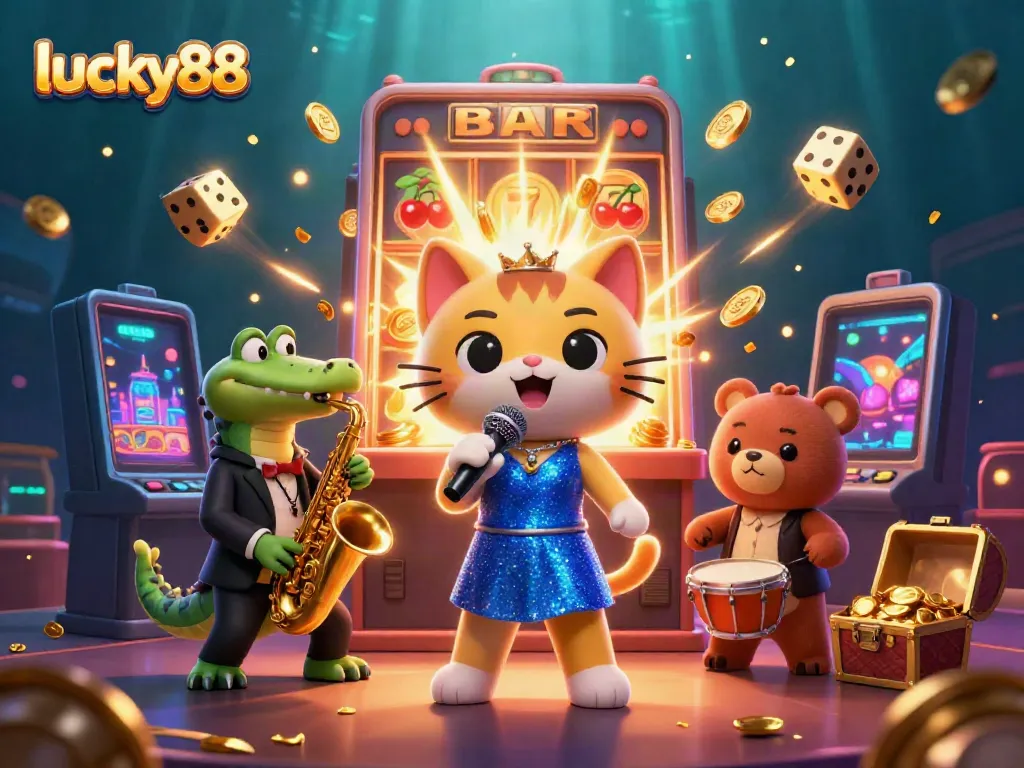 Experience the thrill of lucky88 with a vibrant 3D casino scene featuring musical characters and jackpot elements