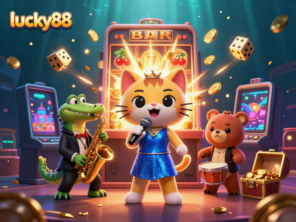 Experience the thrill of lucky88 with a vibrant 3D casino scene featuring musical characters and jackpot elements