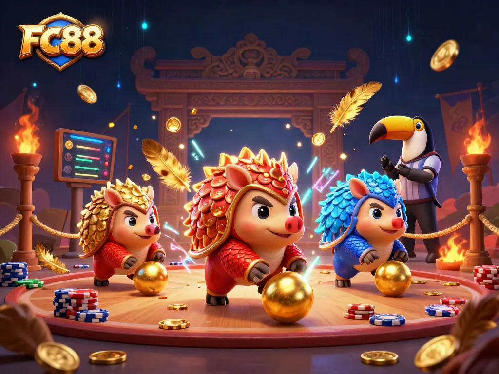 Engage with FC88’s thrilling gambling fun as rival pangolins compete amidst poker chips and golden treasures.