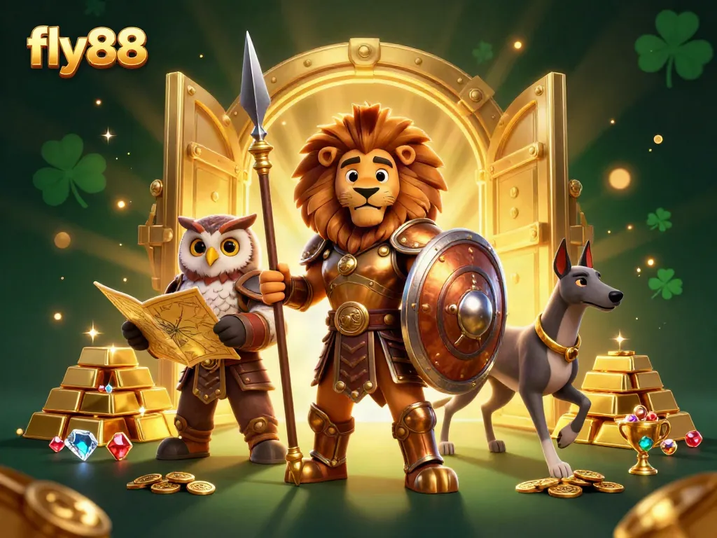 Engage with fly88, featuring a heroic Spartan lion, owl strategist, and swift greyhound in a rich casino scene.
