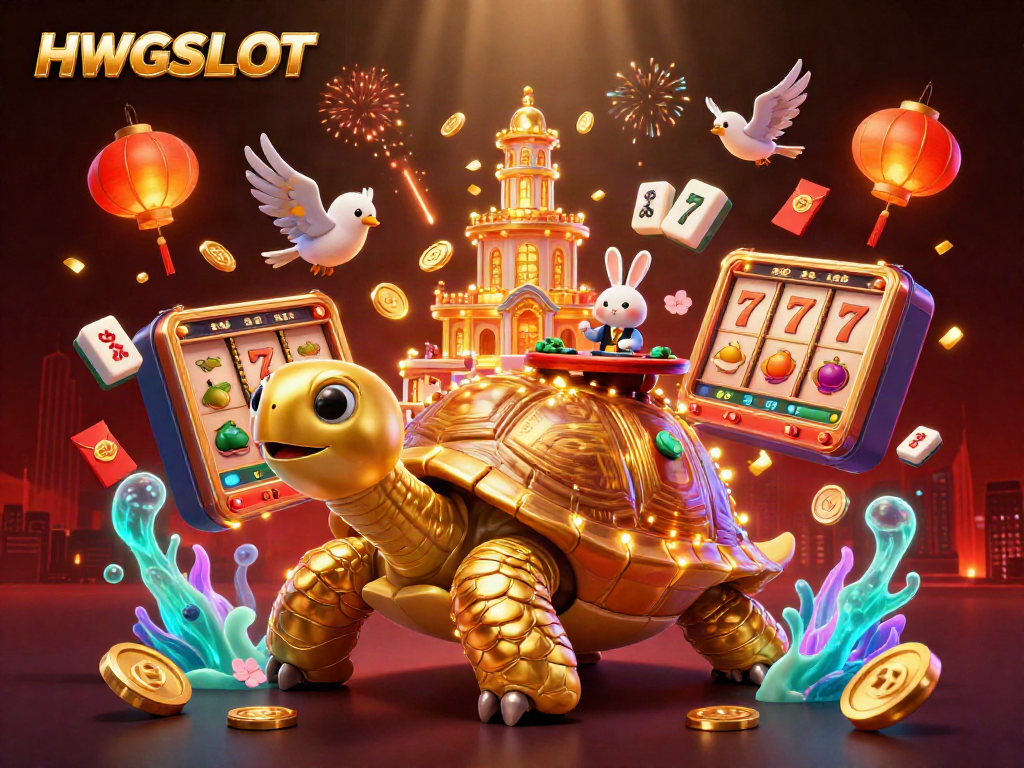 Experience the thrilling HWGSLOT casino scene with a giant tortoise and rabbit dealer.