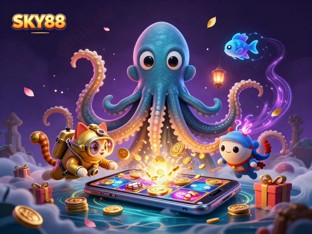 Experience thrilling gameplay at SKY88 with a kraken, a diving cat, and vibrant slot games!