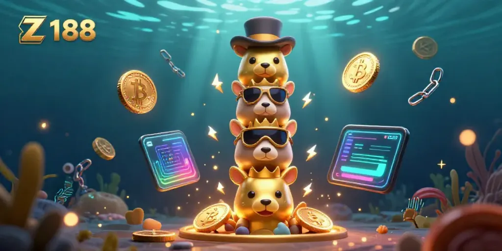 This illustration captures Z 188's vibrant casino charm with a golden totem pole and glowing crypto coins.