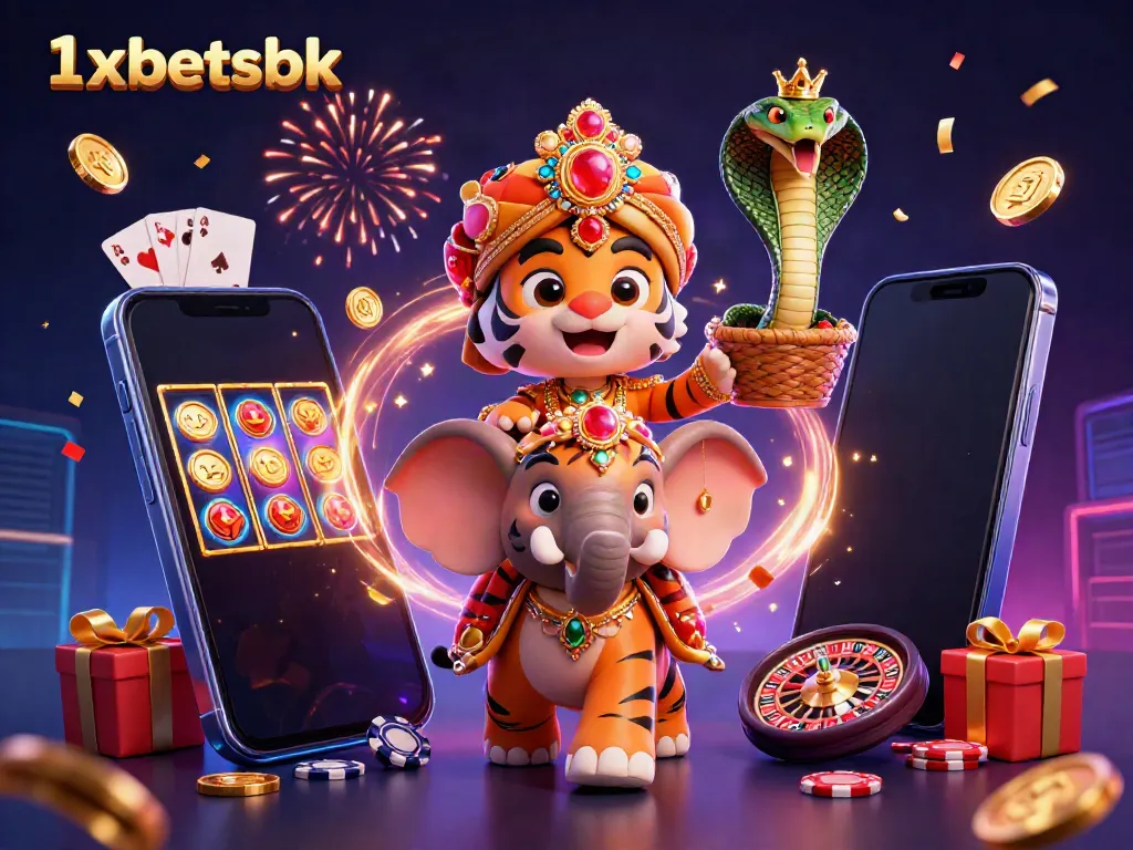 Play festive slots with 1xbetsbk featuring vibrant characters and dynamic casino elements