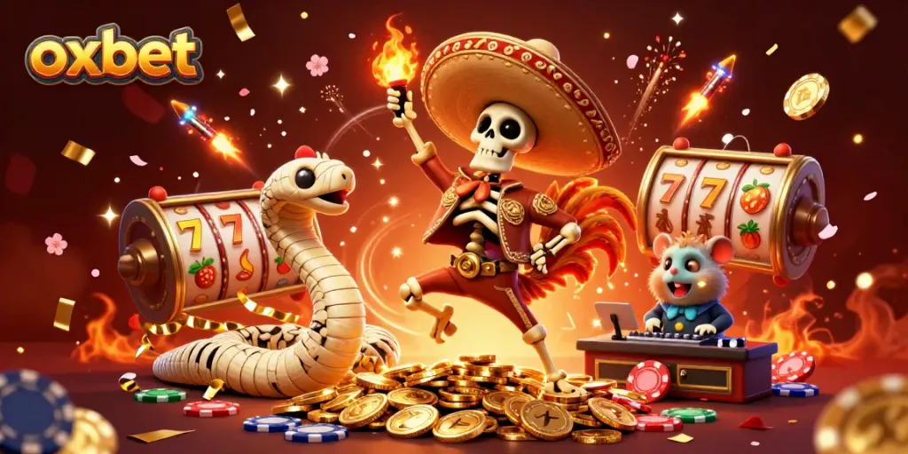 Compete for big prizes at Oxbet with a vibrant 3D dance scene showcasing colorful gambling elements.