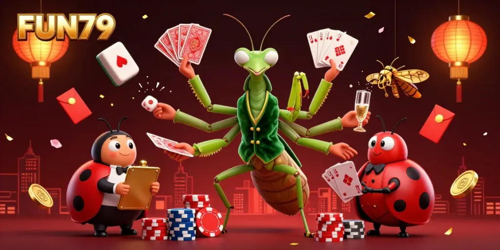 Engage in seasoned gameplay at FUN79 with a vibrant casino scene featuring unique characters and dynamic elements.
