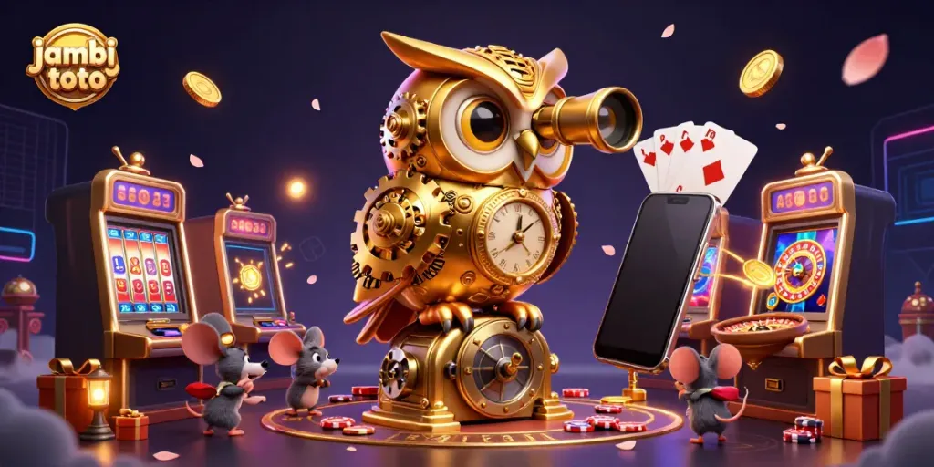 Experience the thrilling jambi toto casino scene with a clockwork owl and vibrant game elements.