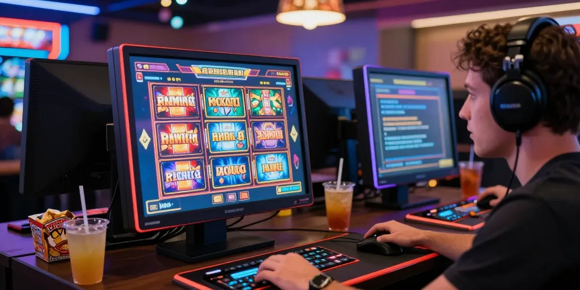 Engaging gaming scene showcasing a player interacting with a slot machine interface in an immersive online casino.