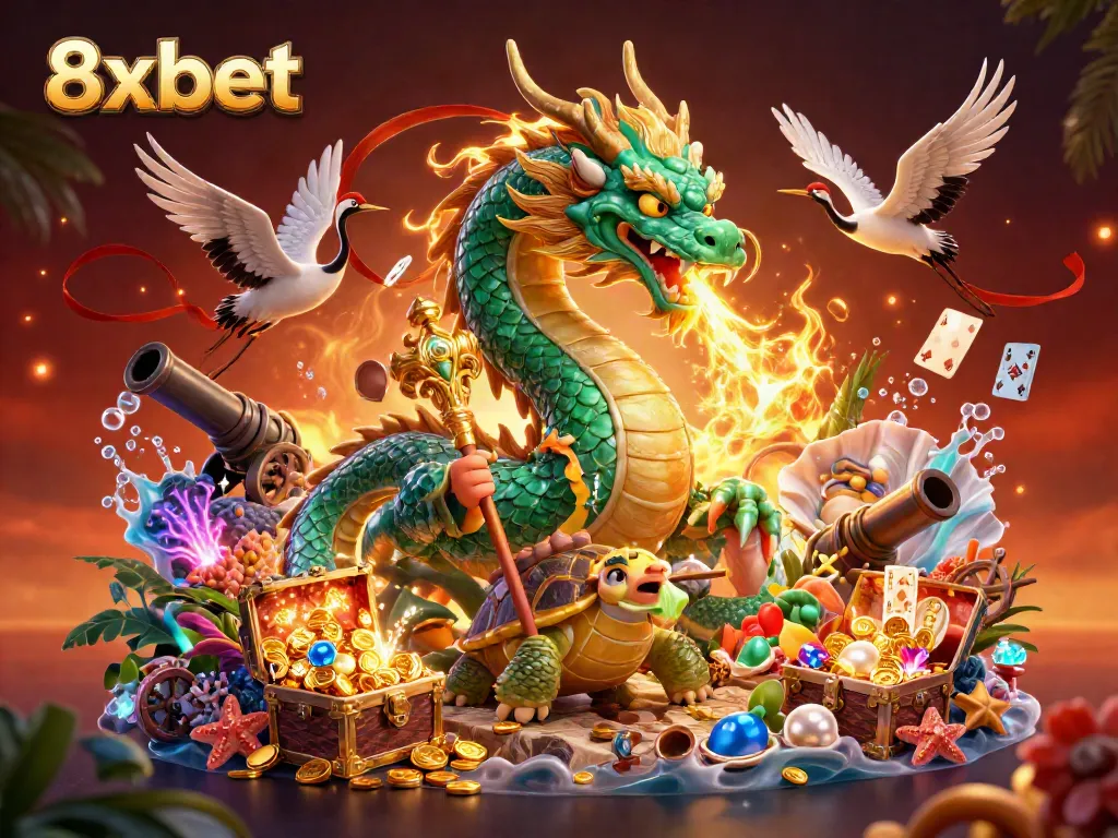 Experience thrilling moments with 8xbet featuring a jade dragon, turtle sage, and lucky cranes in a vibrant casino scene.