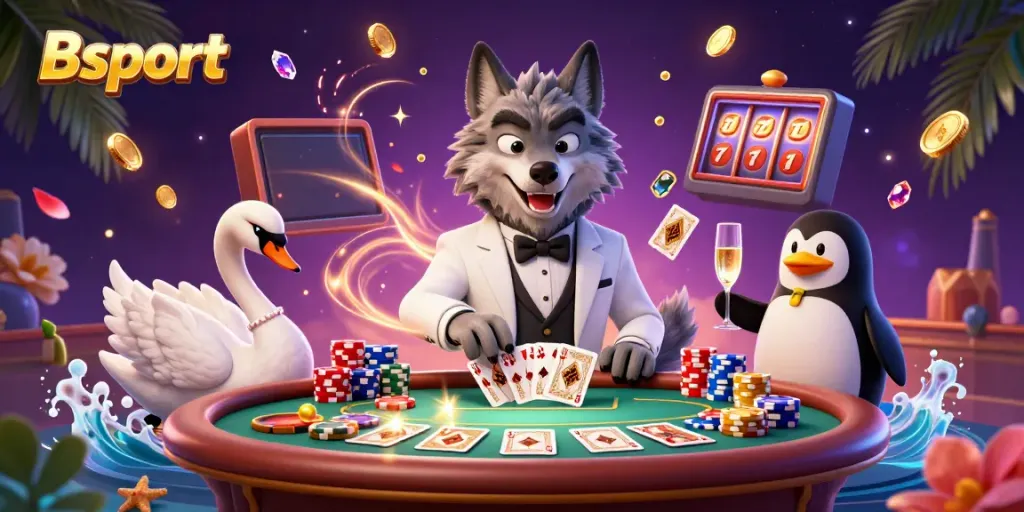 Experience thrilling games at Bsport's luxurious baccarat table surrounded by dazzling casino elements.