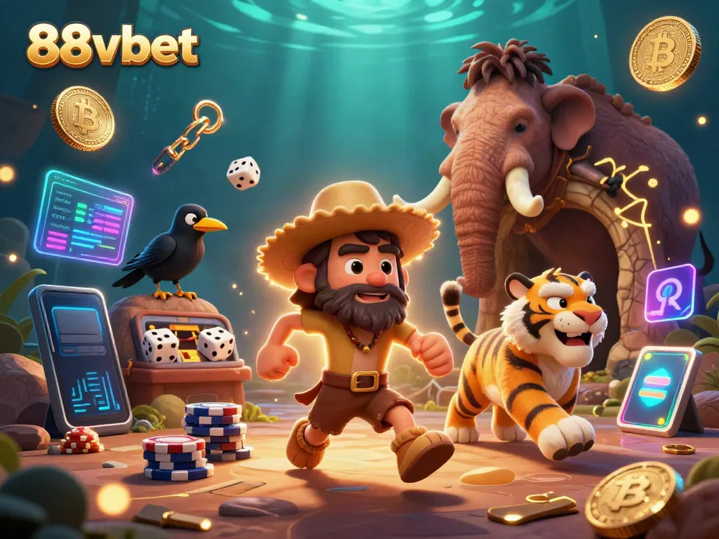 Experience exciting gaming at 88vbet with a caveman and sabertooth tiger duo in a vibrant casino atmosphere.