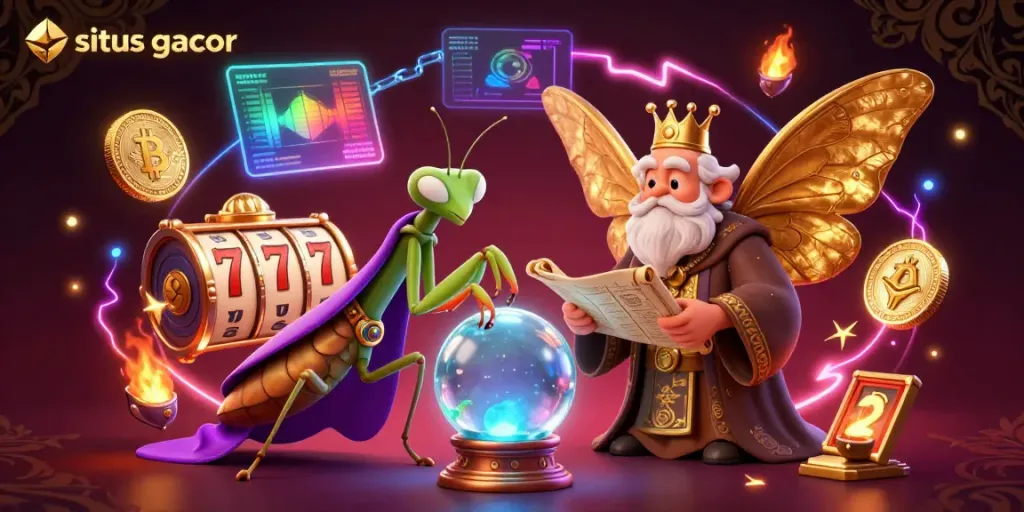 Menang di situs gacor dengan simulasi pasangan simbol slot keberuntungan di latar belakang.