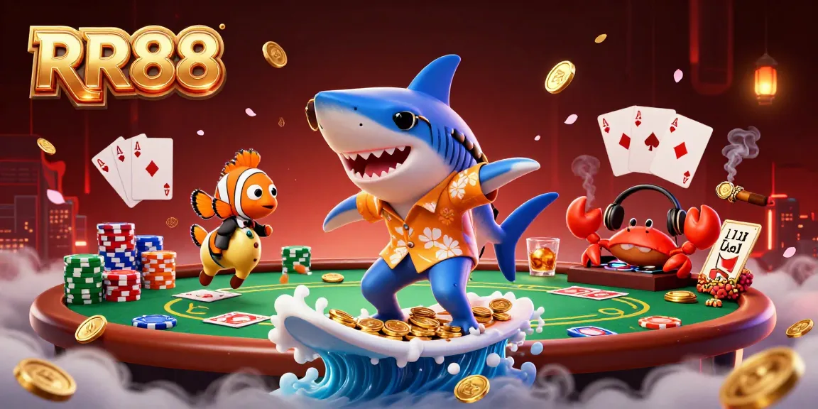 RR88 showcases a vibrant 3D scene with a shark, clownfish, and crab enjoying casino excitement.