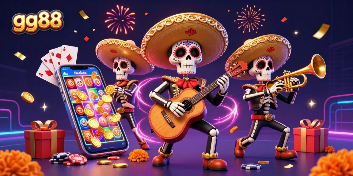 Win big at gg88 with a vibrant 3D illustration of a mariachi band amidst exciting casino elements.