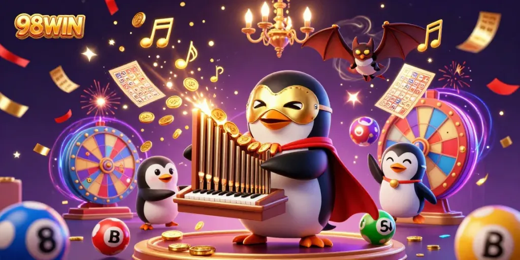 Experience an engaging scene with 98WIN featuring a masked penguin and dynamic casino elements.
