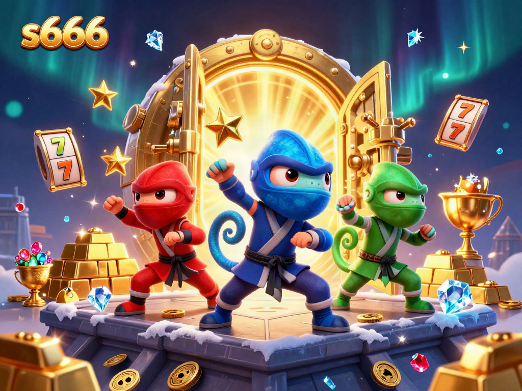 S666 engages players with thrilling synchronized action from a ninja chameleon team in a vibrant casino atmosphere.