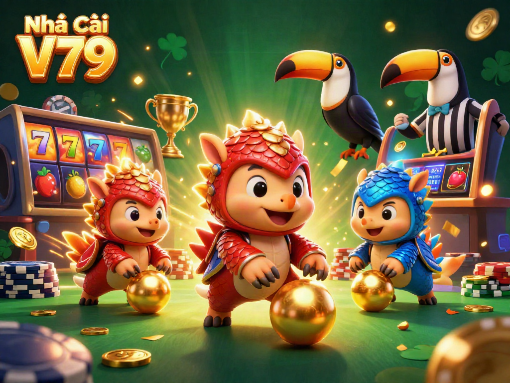 Engage with Nhà cái V79 in a vibrant 3D scene featuring rival pangolins and golden slot elements.